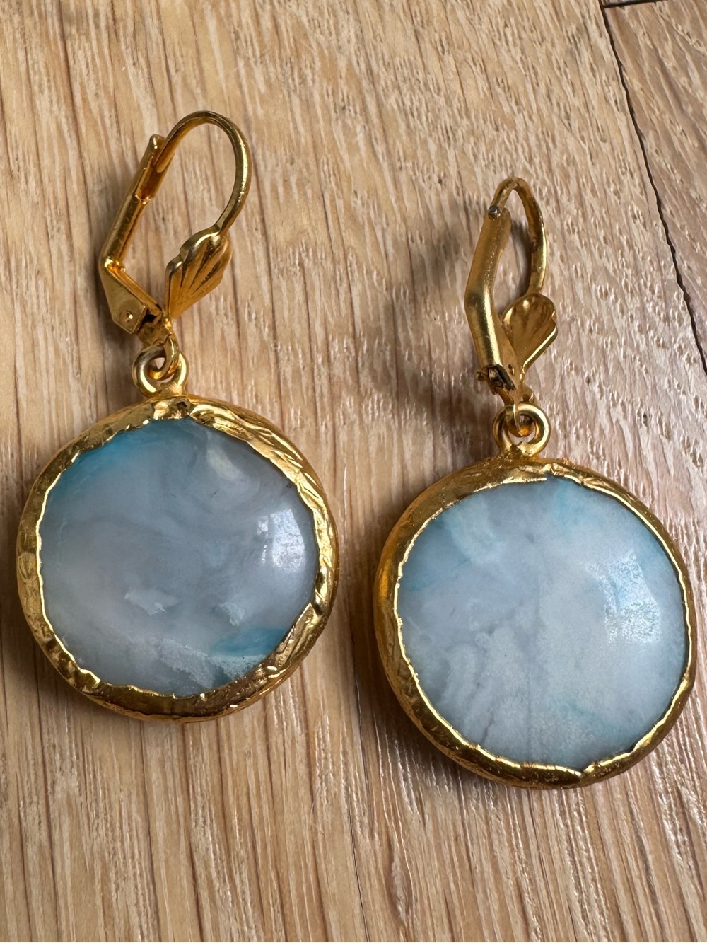 Gold Framed Blue-Gray Round Drop Earrings